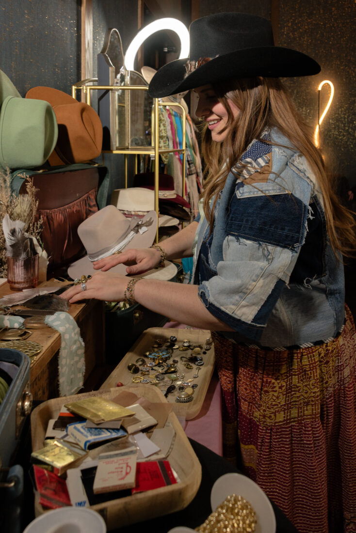 Burned Brims’ owner Brooke Gibbs showcases her custom hat designs accented with vintage details and hand-selected trims.