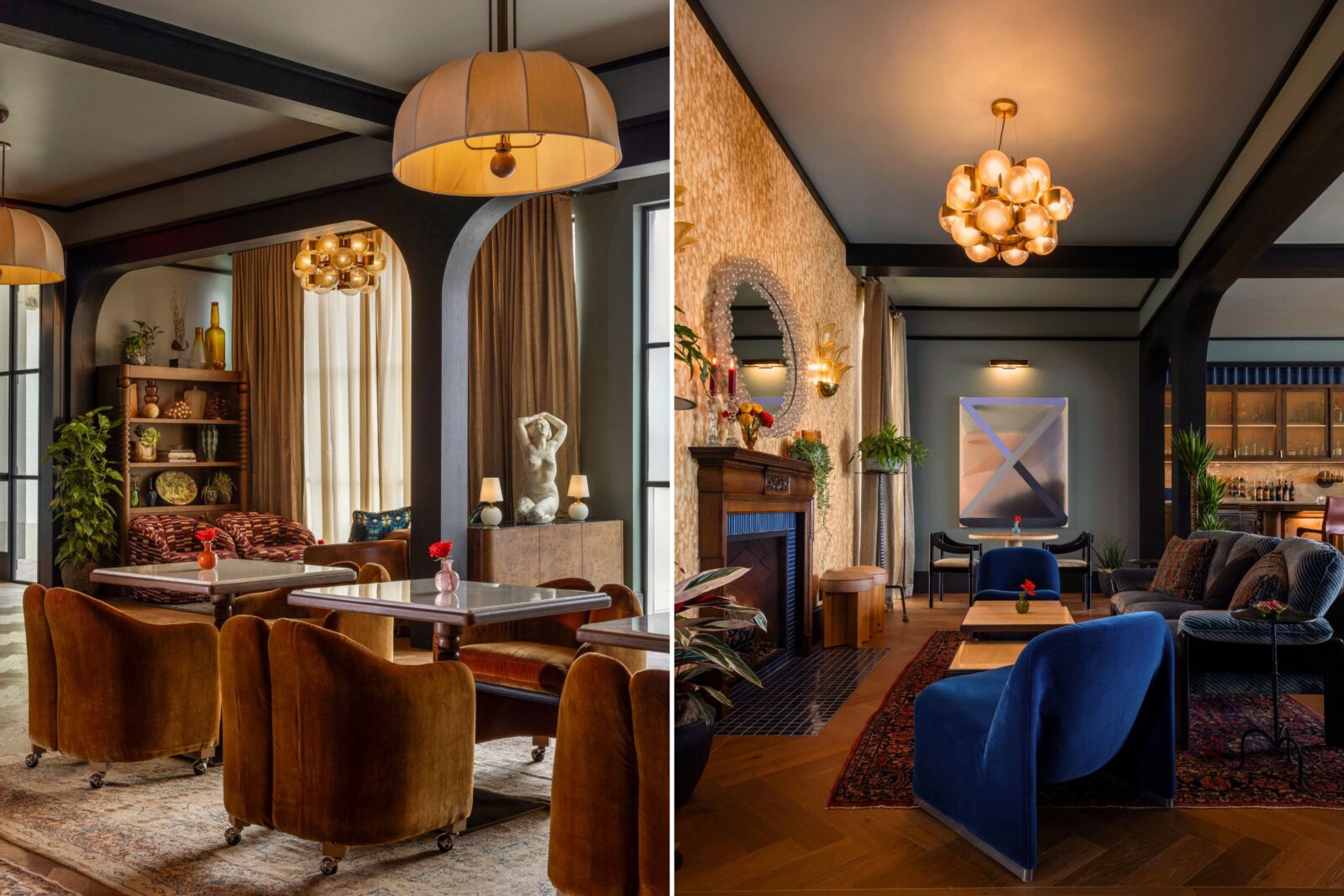 Inside a restaurant with colorful, deep yellow and blue velvet seating