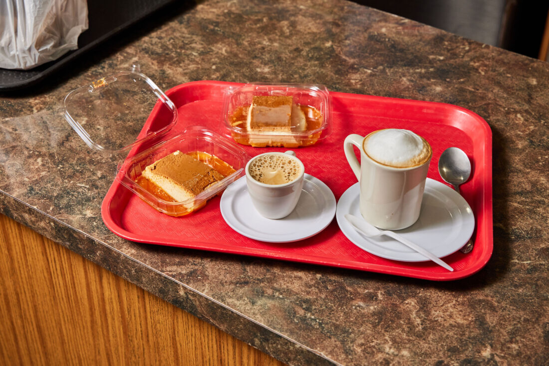 Flan with Cuban coffee and a café con leche.
