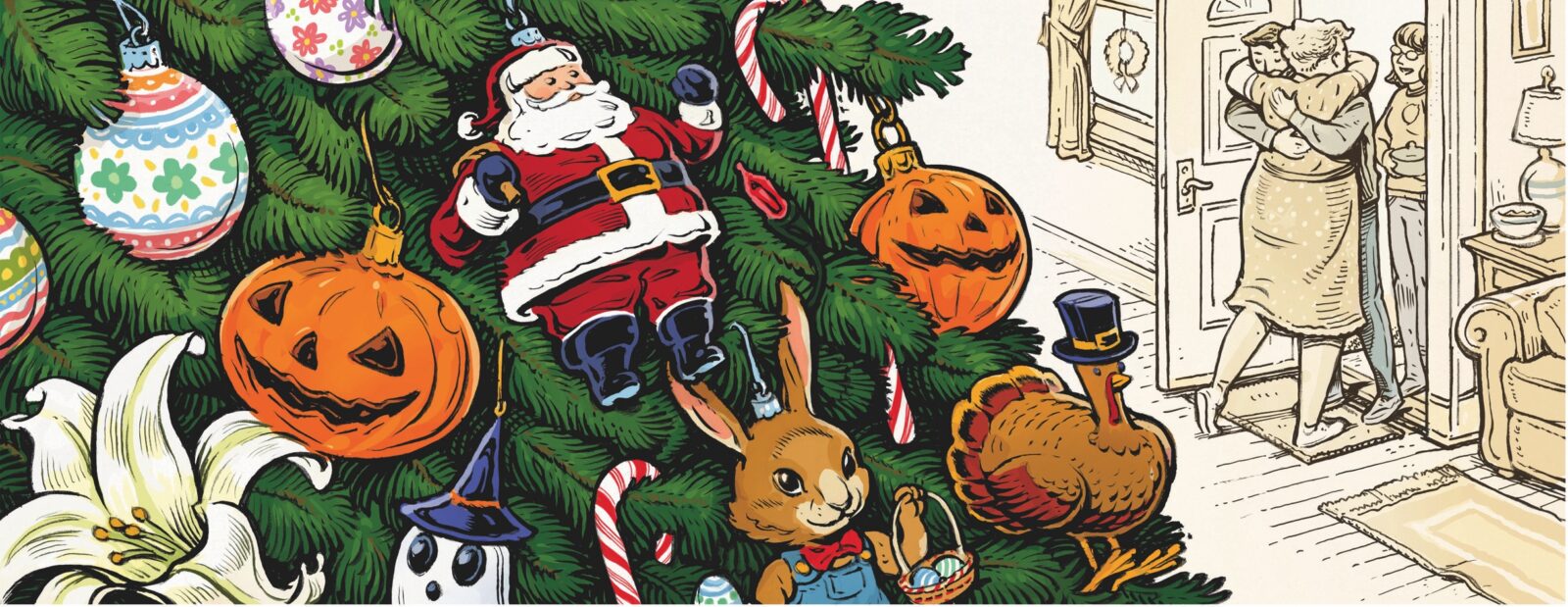 an illustration of a multi-themed holiday Christmas tree