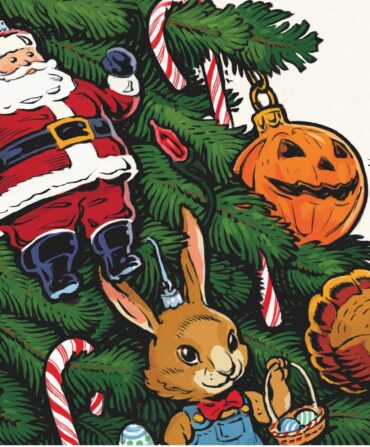 an illustration of a multi-themed holiday Christmas tree