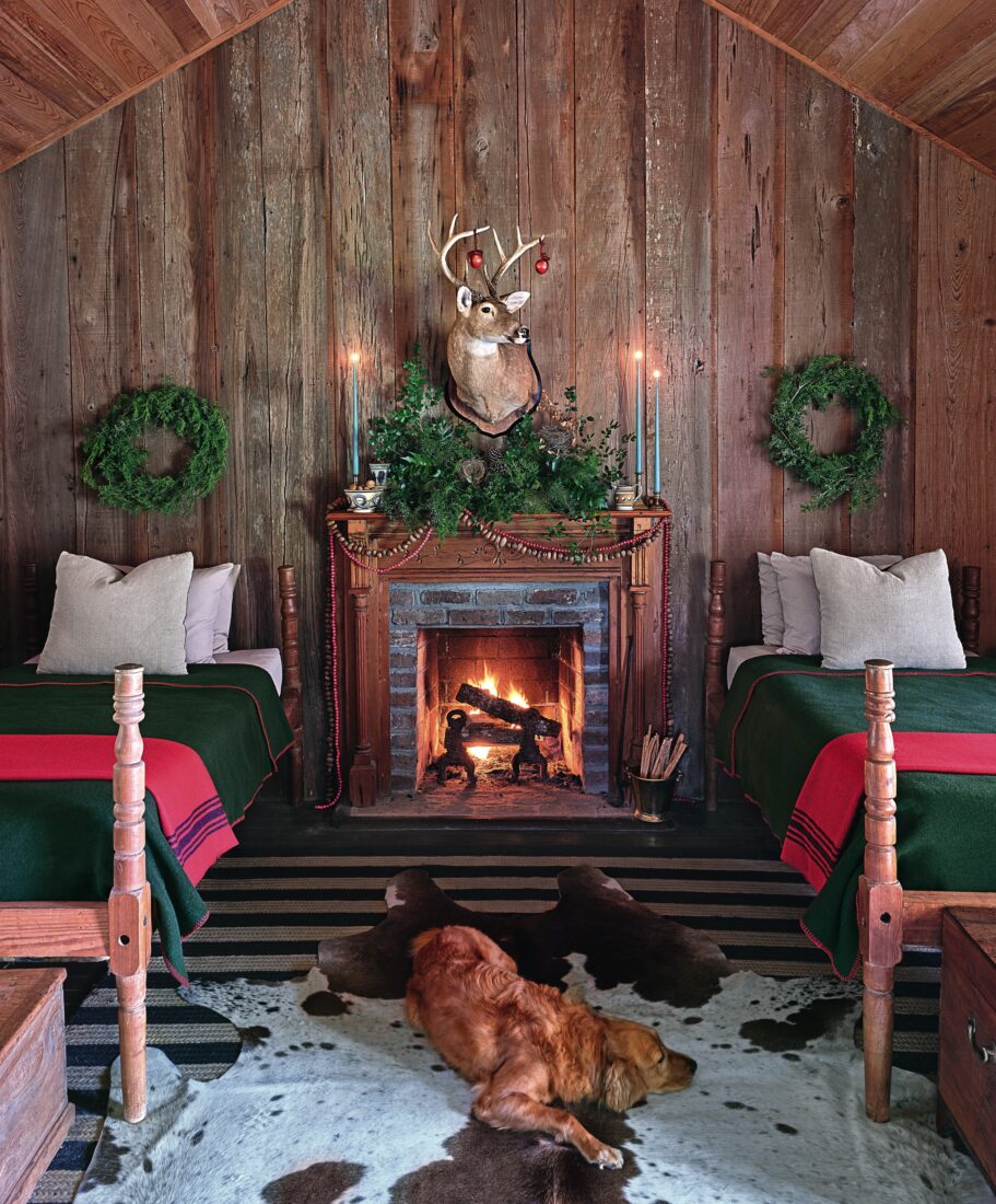 a Golden Retriever in a cabin bedroom