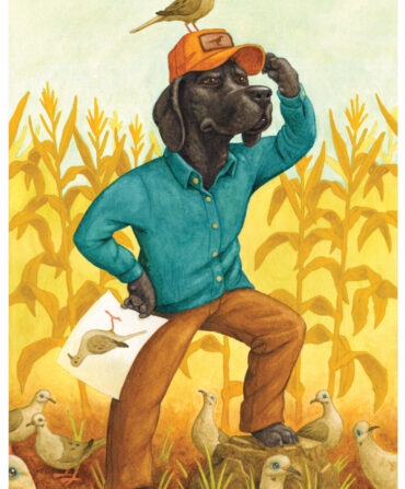 An illustration of a dog with a bird on its head