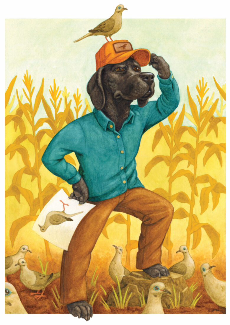 An illustration of a dog with a bird on its head