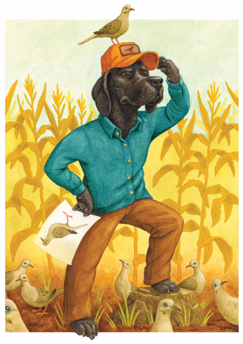 An illustration of a dog with a bird on its head
