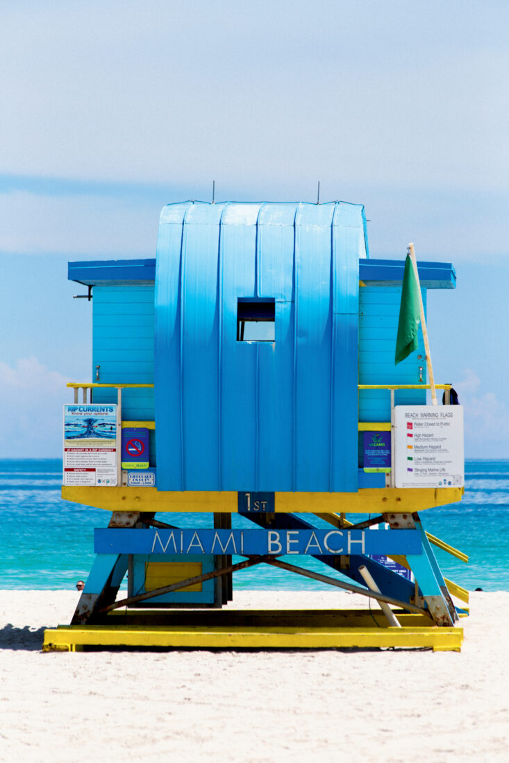 A blue lifeguard stand