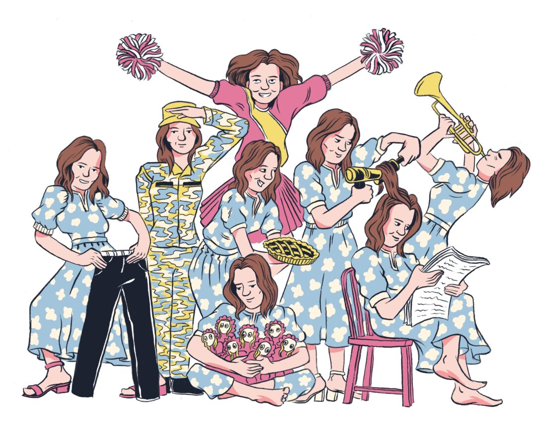 An illustration of 7 of the same woman doing tasks