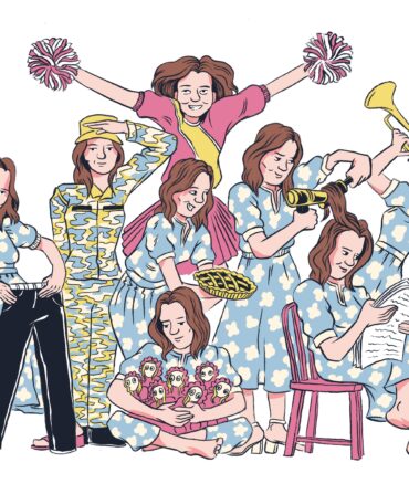 An illustration of 7 of the same woman doing tasks