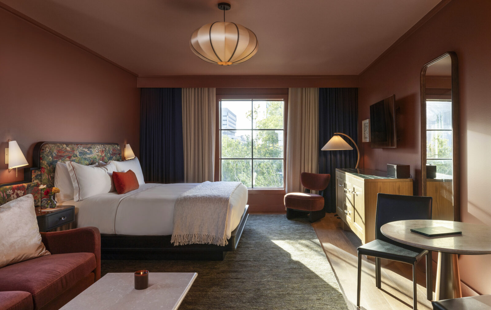 A dark clay colored hotel room