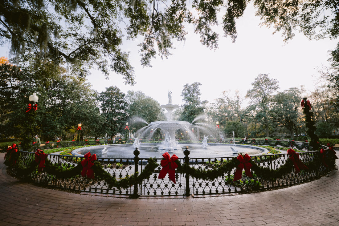 Christmas decor on a fountain