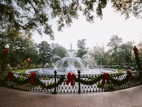 Christmas decor on a fountain