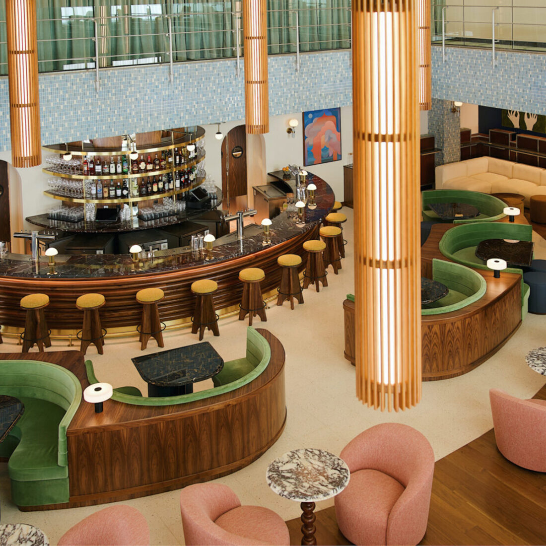 An overhead view of a bar