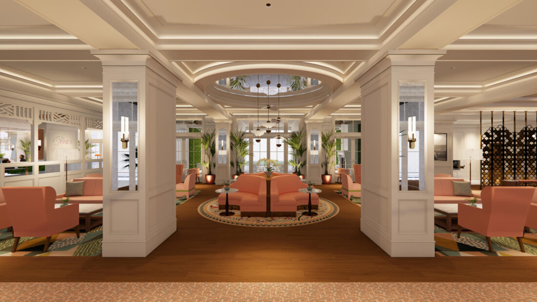 A rendering of a hotel lobby