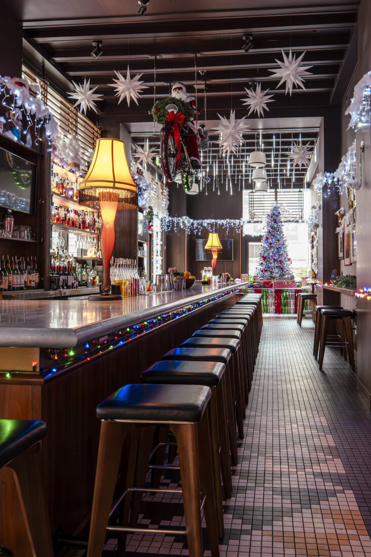 A bar decorated for Christmas