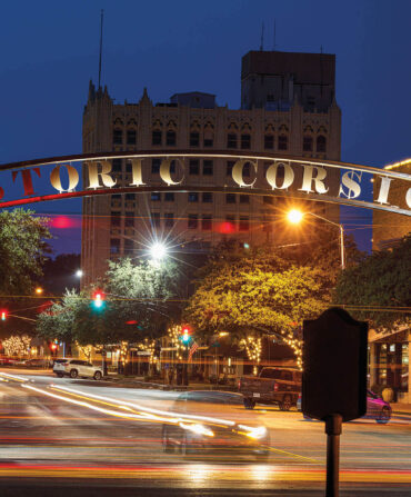 A downtown scene at night