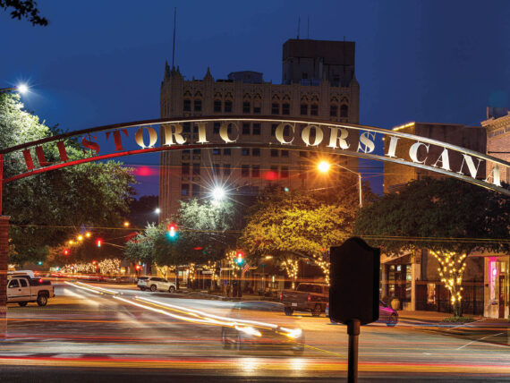 A downtown scene at night
