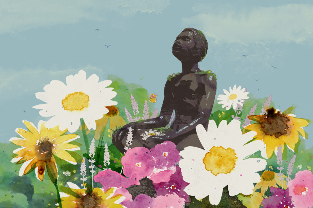 An illustration of a woman sitting in a flower bed
