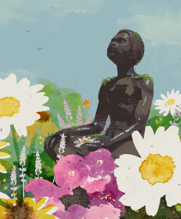 An illustration of a woman sitting in a flower bed
