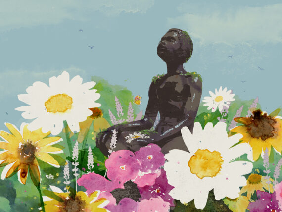 An illustration of a woman sitting in a flower bed