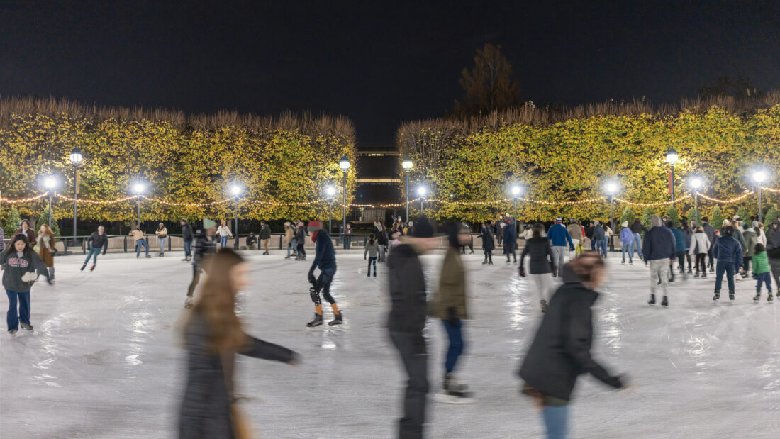 An ice skating rink at night
