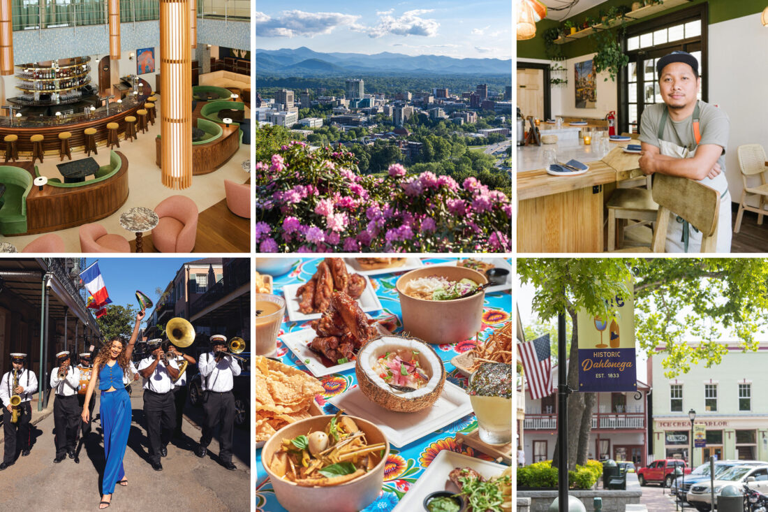 A collage of six travel photos