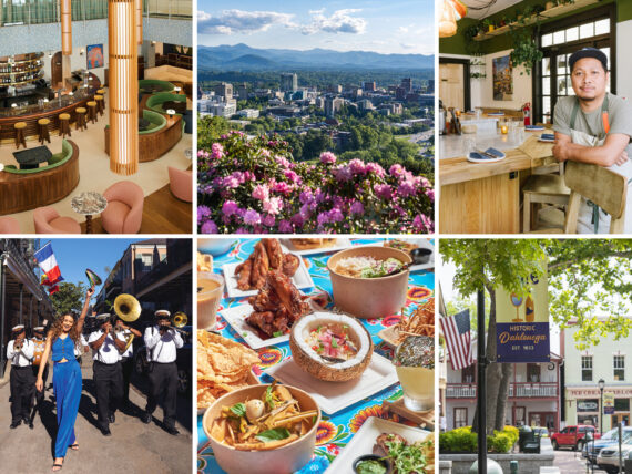 A collage of six travel photos