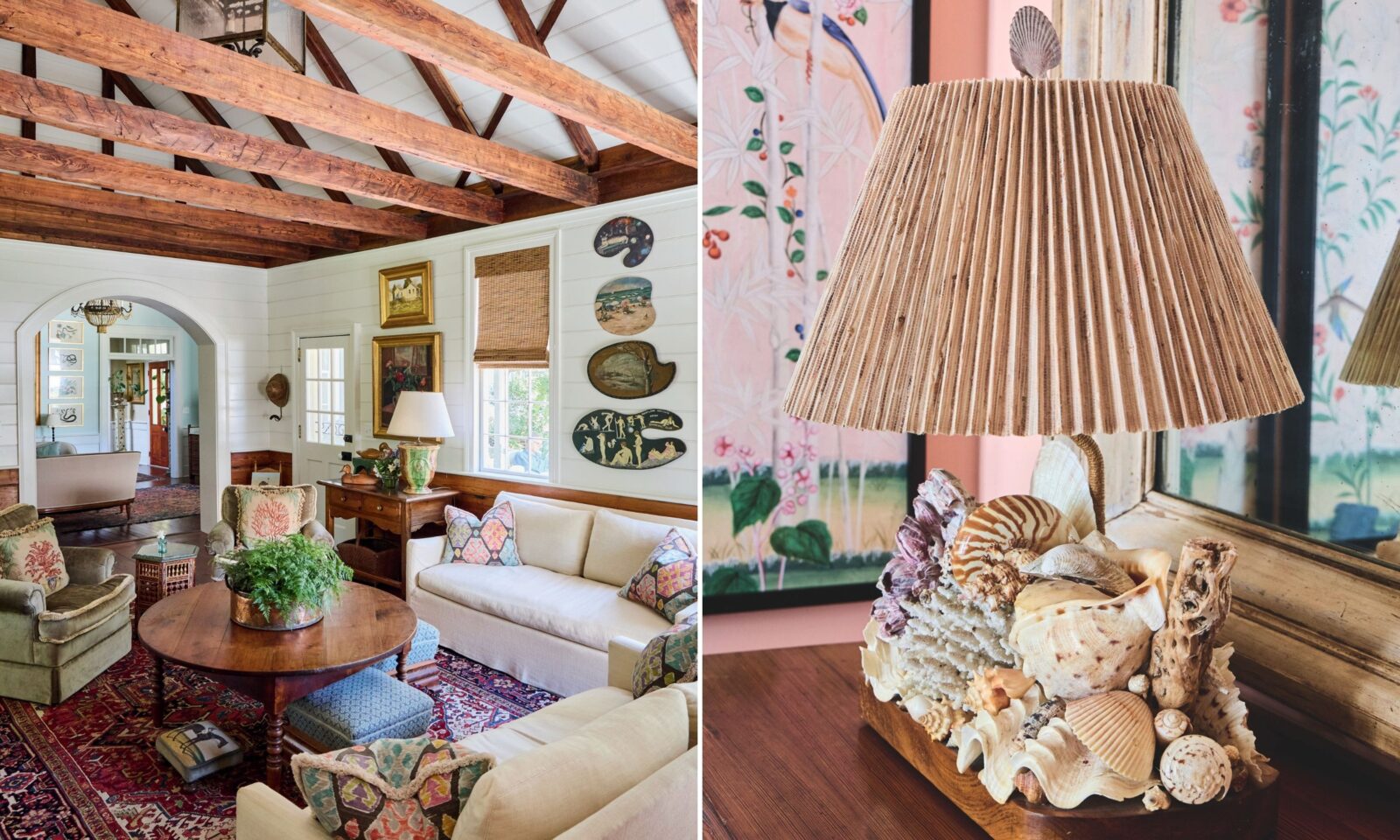 A living room; a seashell lamp