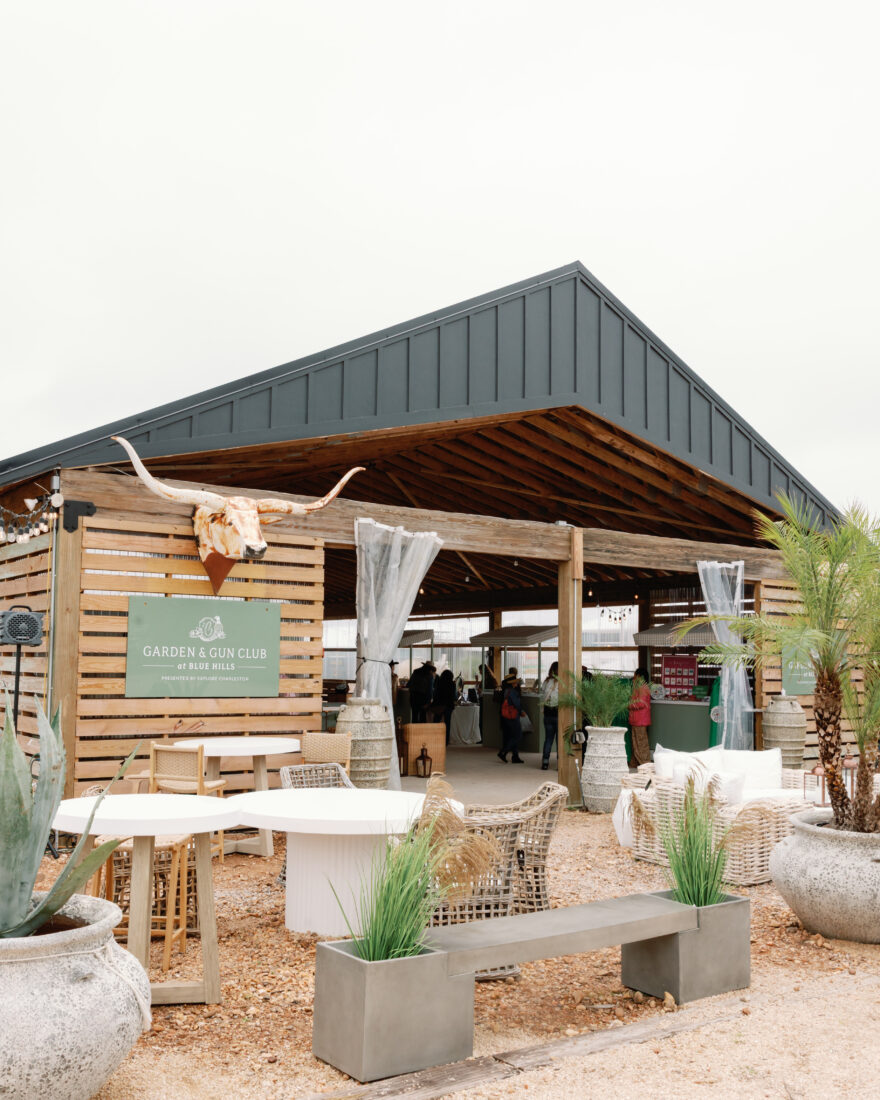 The exterior of the G&G Club Pop-Up, curated by Holloway Events, features outdoor furniture by Maison30A Home + Garden.