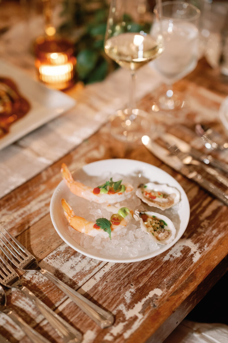 The first course: dressed Lowcountry Oyster Company oysters and Gulf Shrimp cocktail with serrano aioli and cocktail sauce.