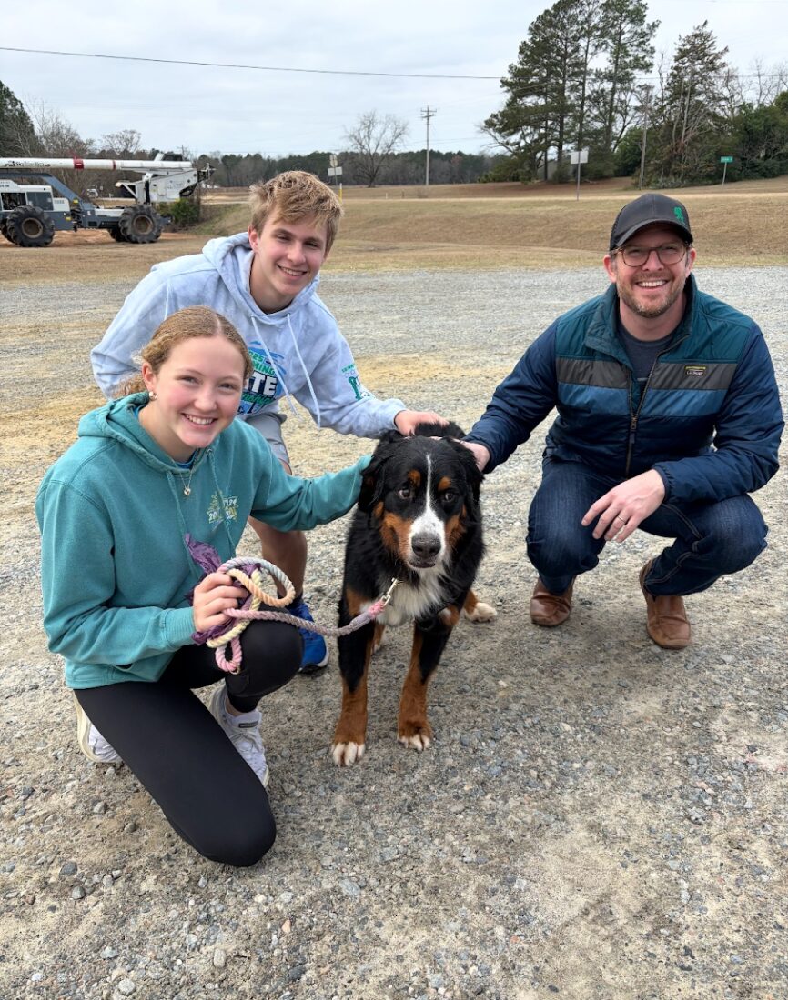 A dog with people around it
