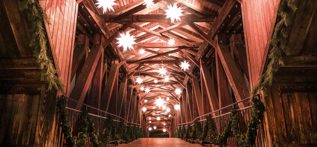 A bridge with star-shaped lights