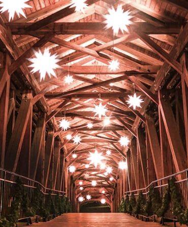 A bridge with star-shaped lights