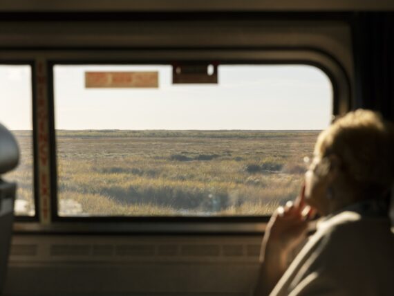 A window seat of a train looks to marsh