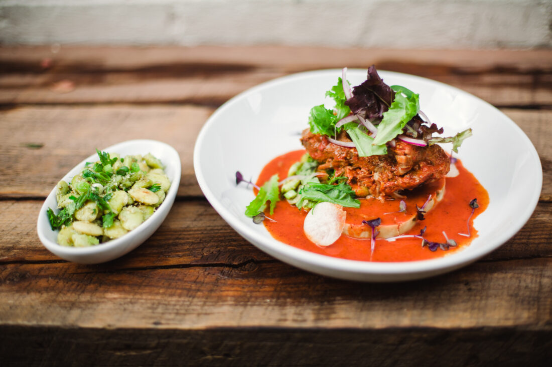 Lime beans and slow-roasted pork.