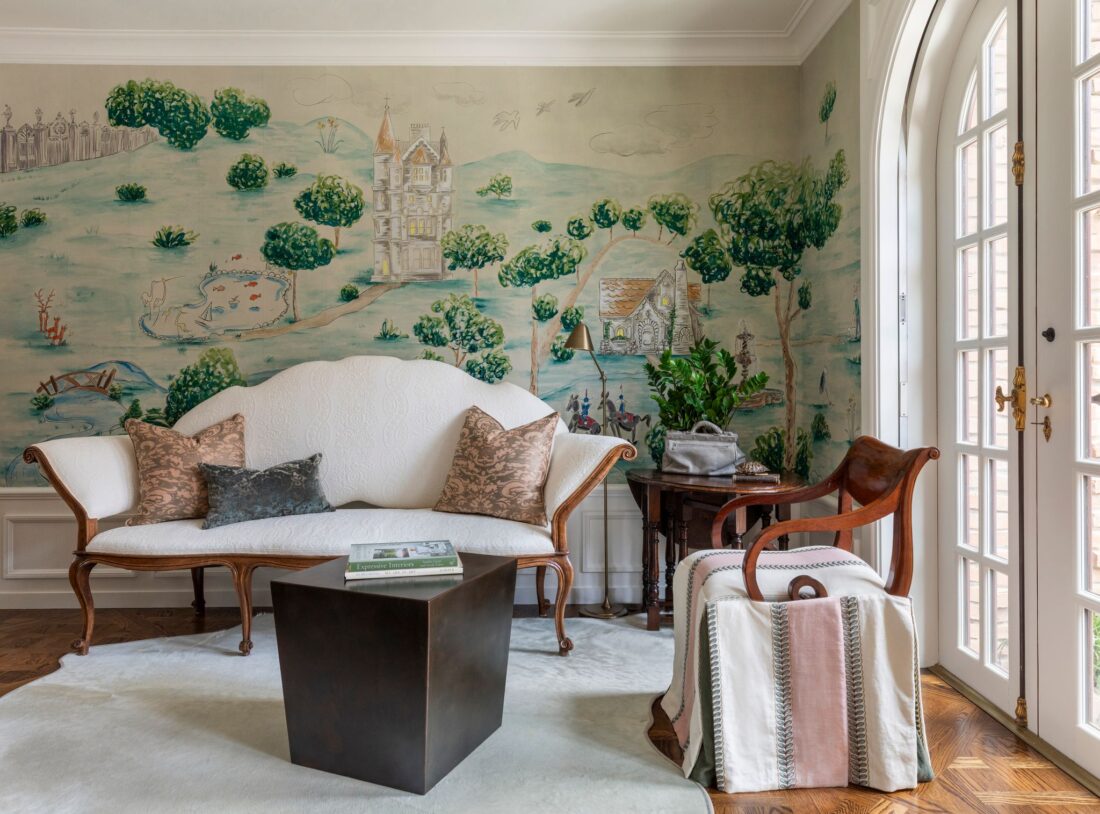 A study with painted wallpaper