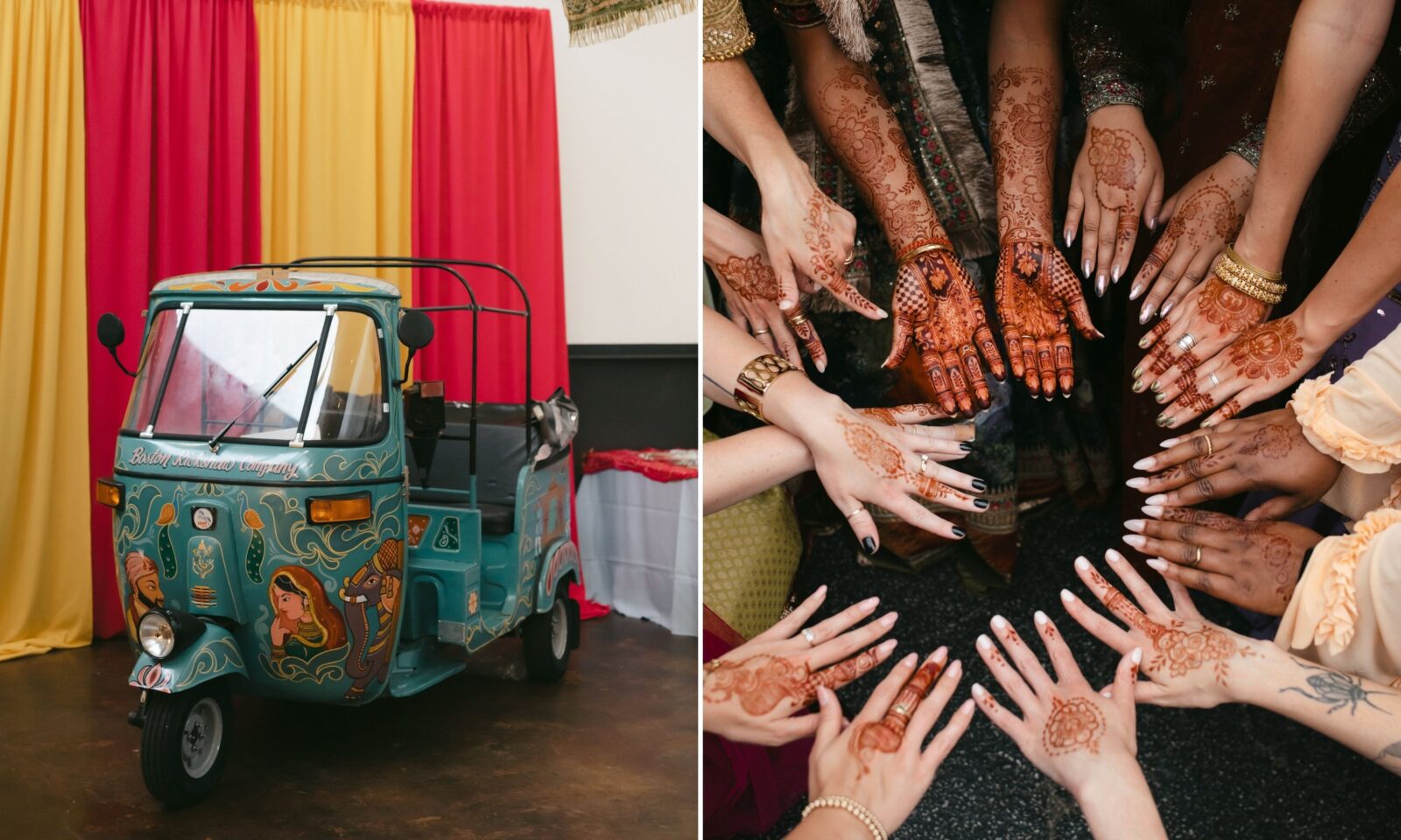 A painted rickshaw; hands with henna