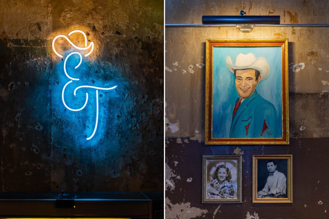 The shop sign in Broadway’s signature neon; a painted portrait of Ernest Tubbs.