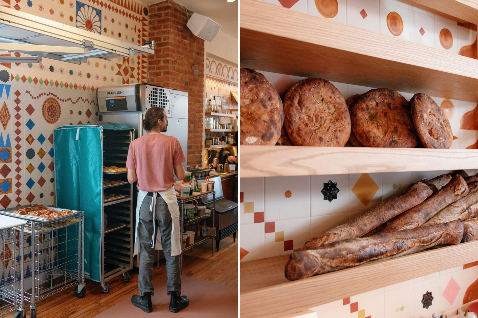 A man stands by a rack of pastries; Shelves of fresh bread.