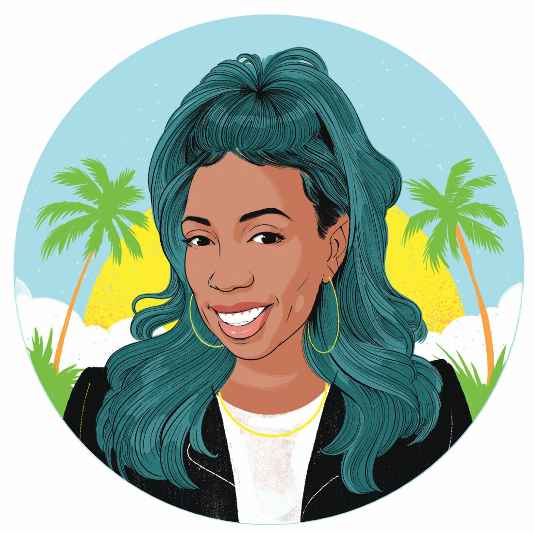 An illustration of a woman against palm trees