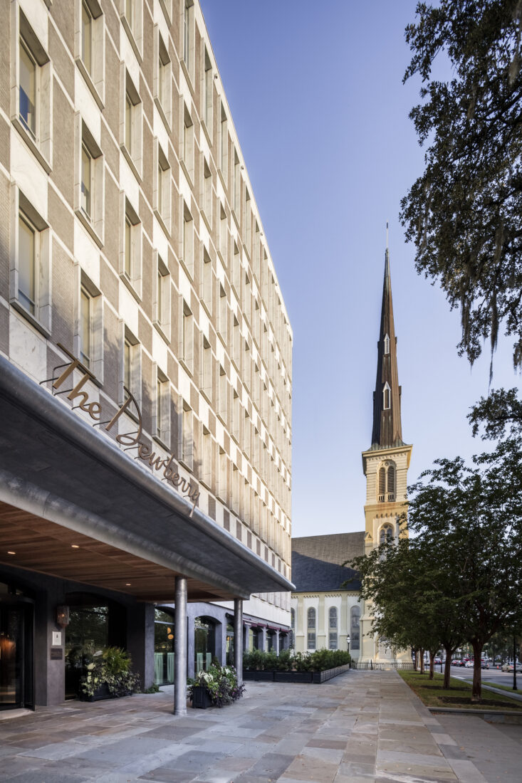 Outside a hotel with a midcentury modern facade