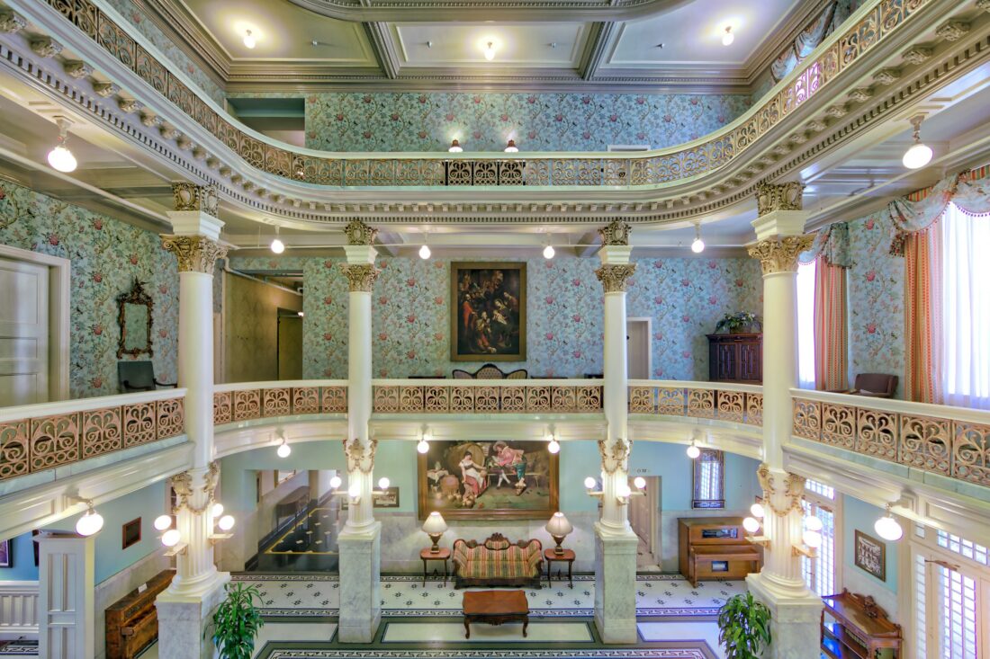 Inside a tiered hotel lobby