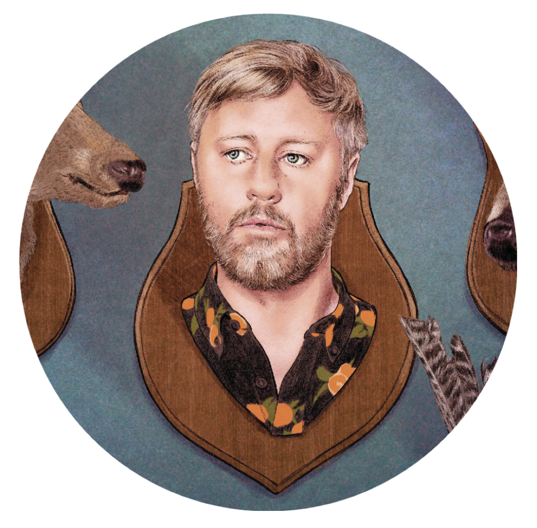 A portrait of a man with his head by mounted deer