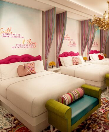 A rendering of a hotel guest room