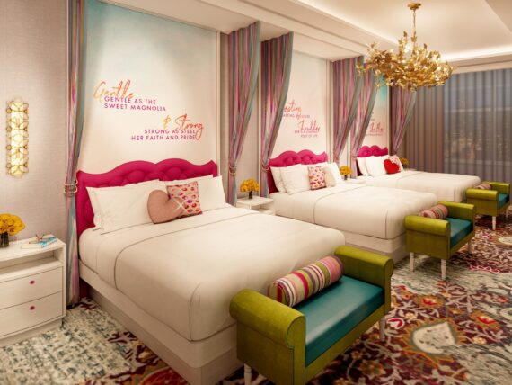 A rendering of a hotel guest room