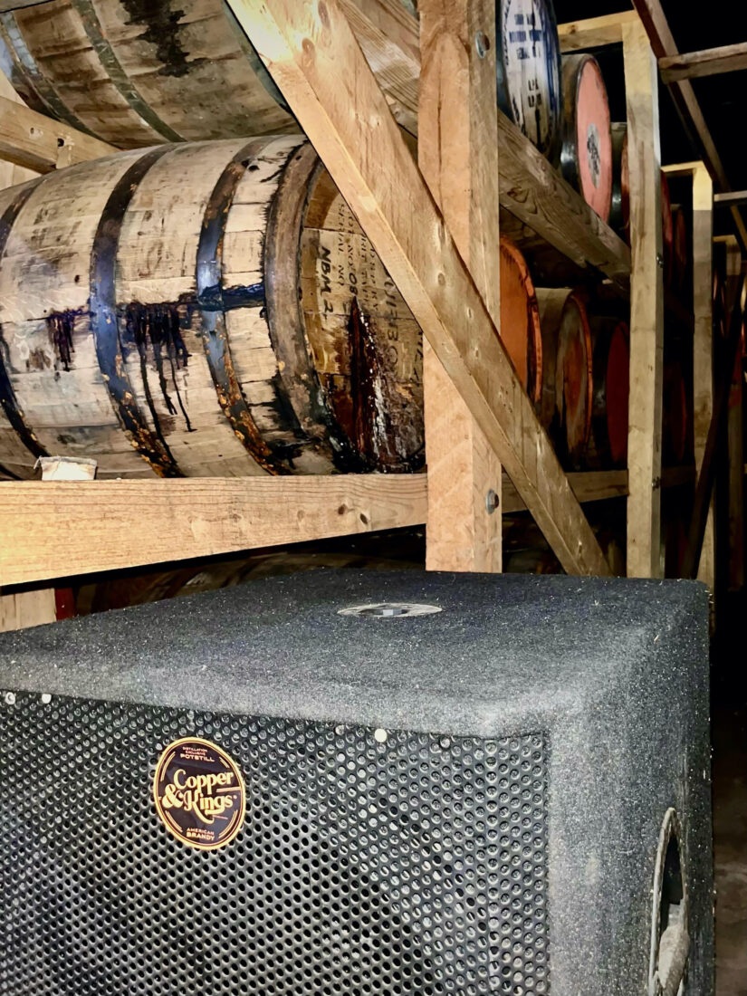 A speaker by bourbon barrels