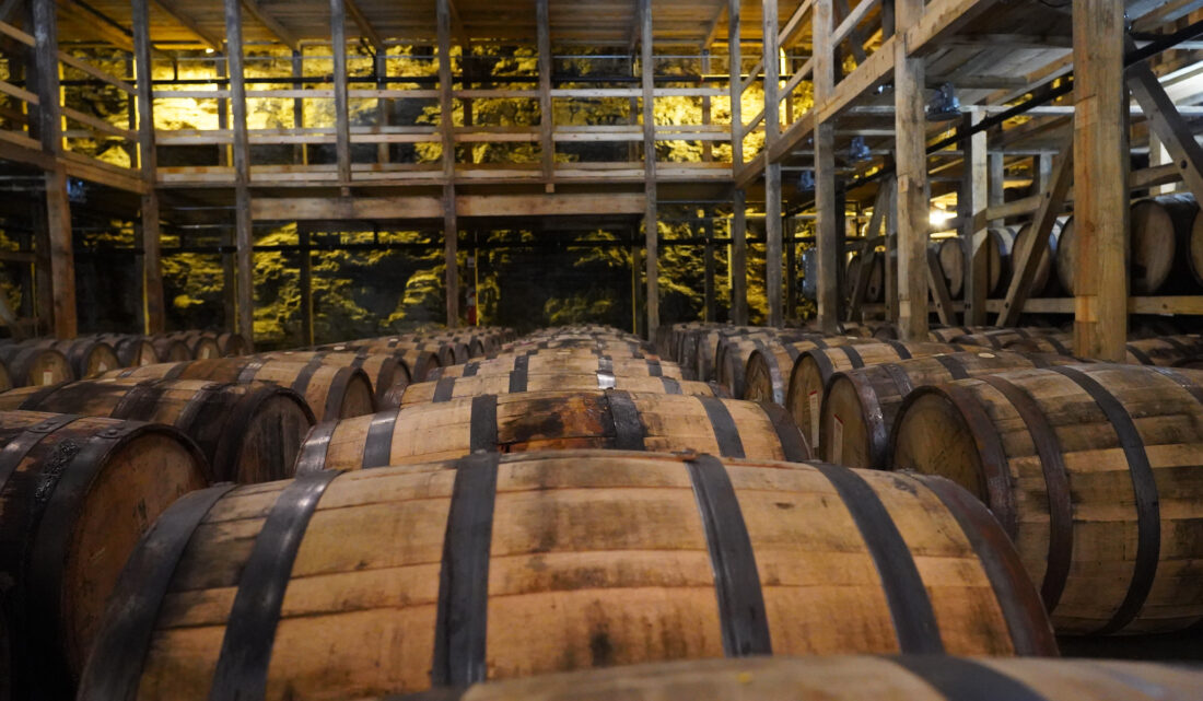 Barrels in a distillery cellar