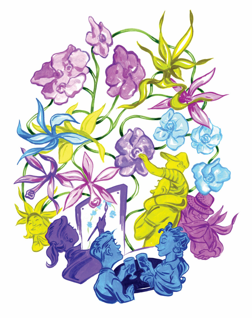 illustration of people painting among flowers, some holding drinks.