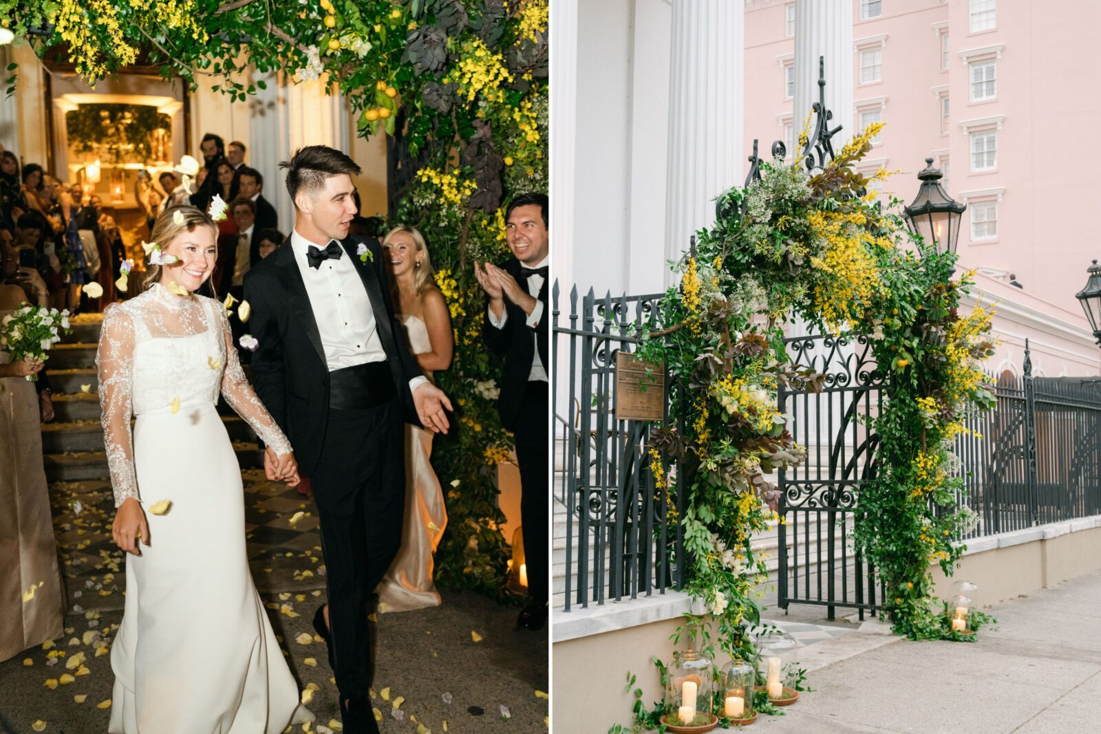 A wedding couple; a gate with yellow flowers