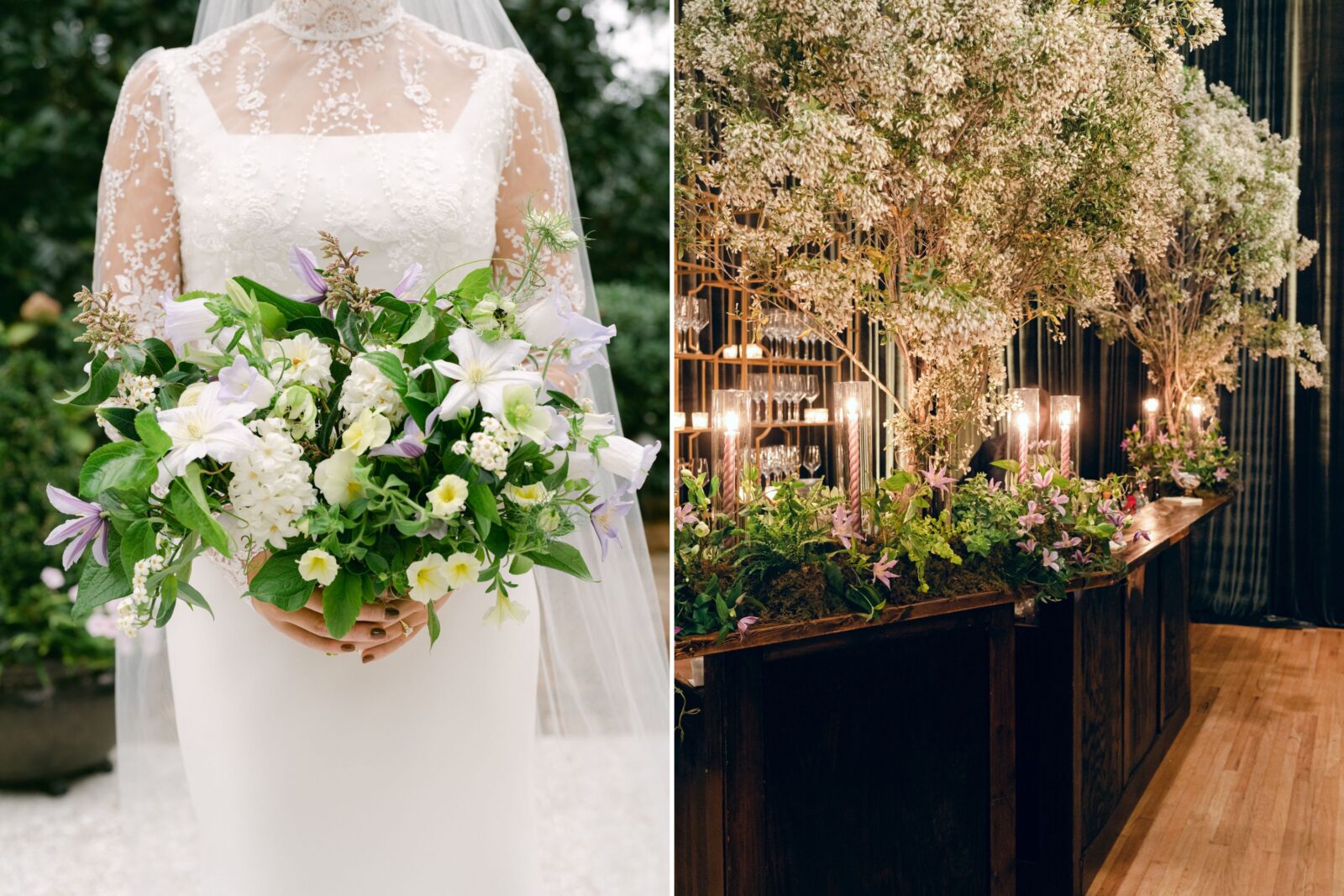 A bouquet with purple and cream flowers; a bar with sea myrtles