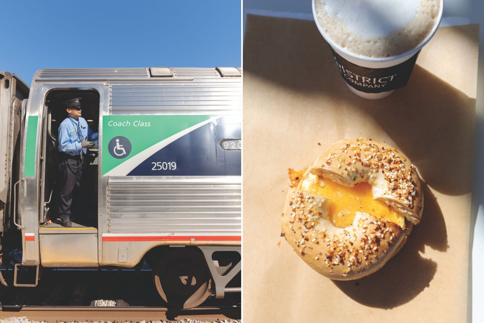 A train conductor; a breakfast bagel